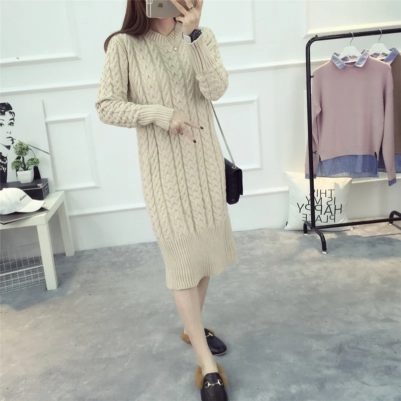 

2018 Time-limited Feminino Jumper Autumn And Winter Korean Neck Sleeve Knitting Solid Long Fund Sweater Dress