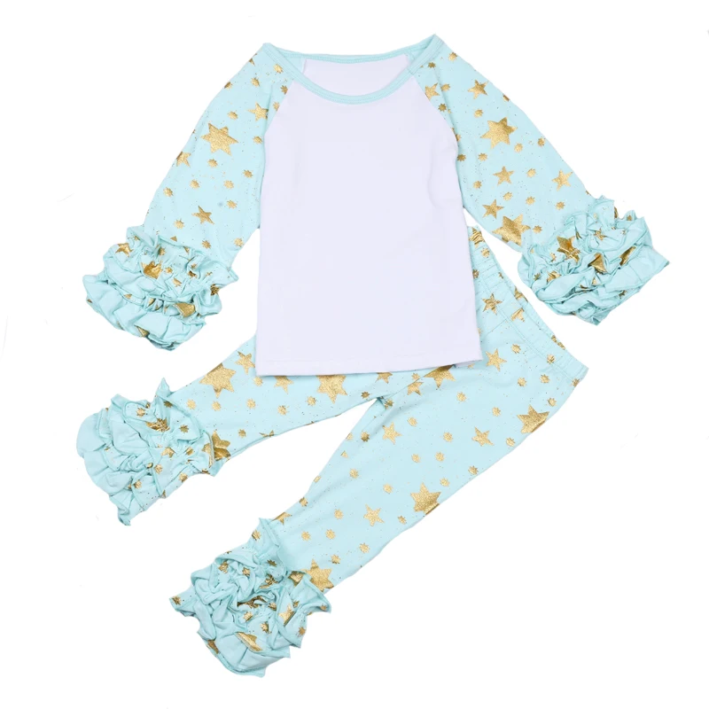 Snow and Star printed Baby Girls Cotton Monogrammed Ruffle Long Sleeved Shirts with ruffle Raglan pants outfit set | Детская одежда и