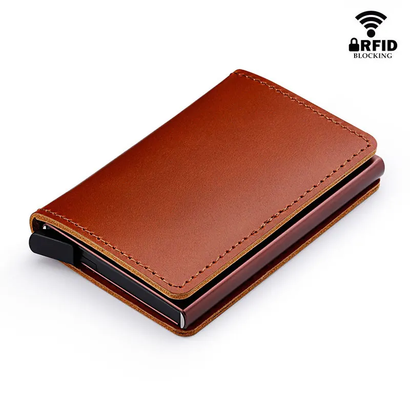 seekrid rfid 100 genuine leather smart wallet aluminum credit card holder metal business id cardholder slim mini case wallets free global shipping