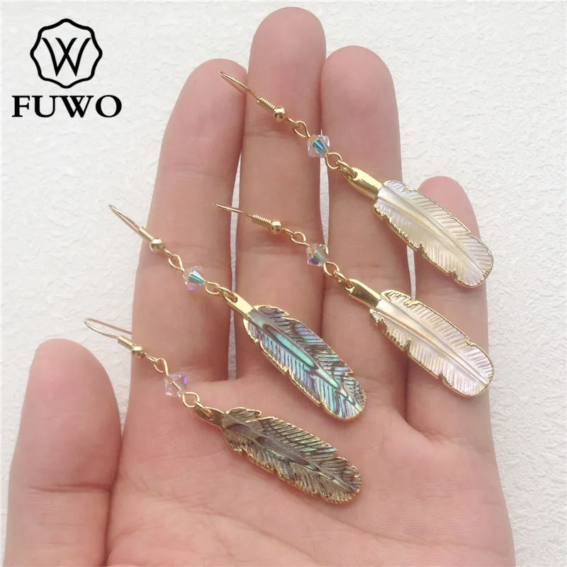 Серьги FUWO в виде натуральных листьев ракушки с кристаллом ангела ауры