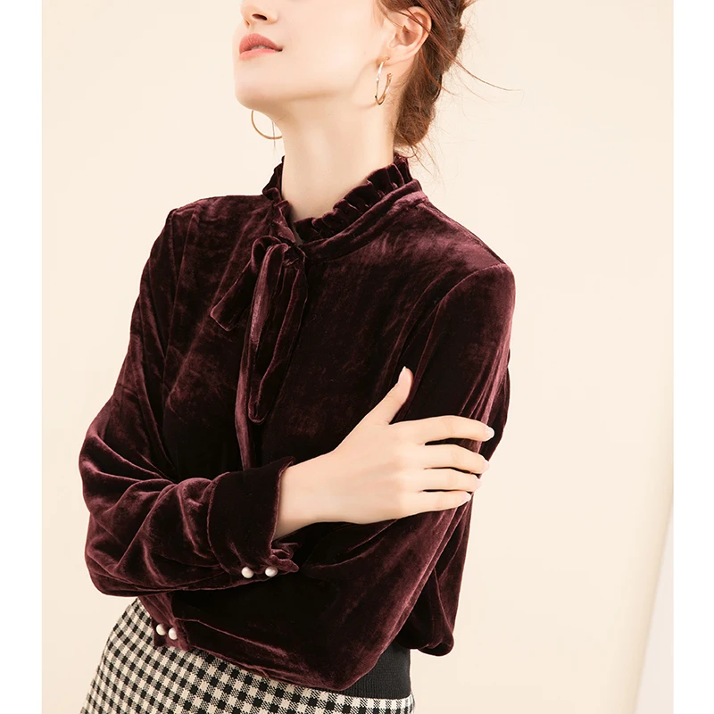 Silk Velour 2018 Shirt OL Mulberry Top Women Long Sleeve Winter Blouses M/L/XL FREE SHIPPING |