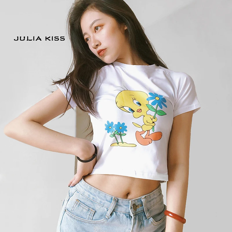 Женская футболка с рисунком цыпленка Повседневный хлопковый укороченный