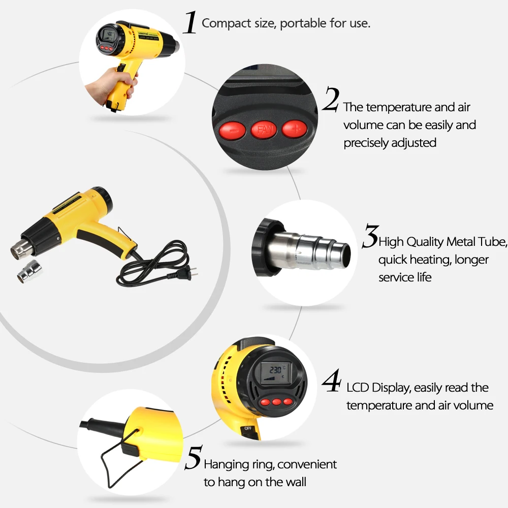 Электрический тепловой пистолет профессиональный ЖКД цифровой с регулируемой