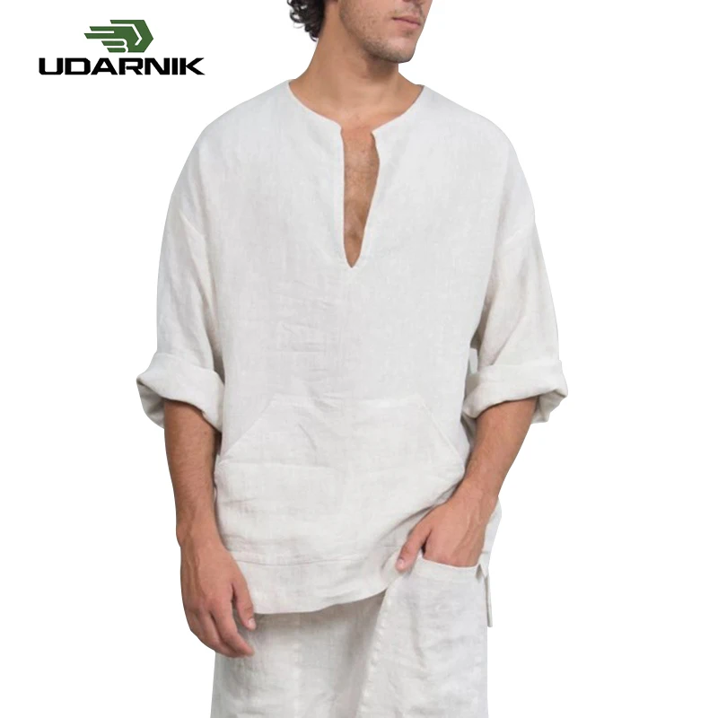 

Men's Linen Loose Wide Sleeve Shirt Short Kurta Islamic Muslim Clothing Indian Ethnic Kangaroo Pocket Top Tee Shirt 903-B216