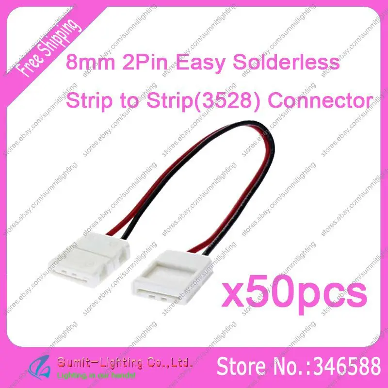 

50PCS 8mm 2Pin 2-Way Solderless Strip to Strip Easy Snap Down PCB Connector with 10cm Cable for 3528 Single Color LED Strips