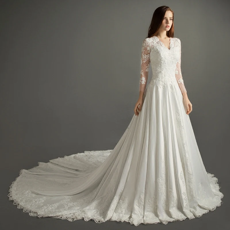 Роскошное атласное кружевное платье с v-образным вырезом и бисером Vestido De Novia