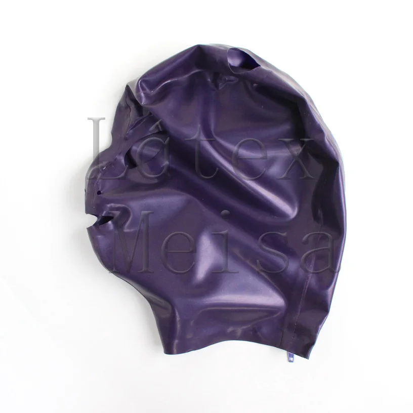 Metallic purple Fetish Latex hoods with hair holes and open eyes mouth nostrils attached back zip | Тематическая одежда и
