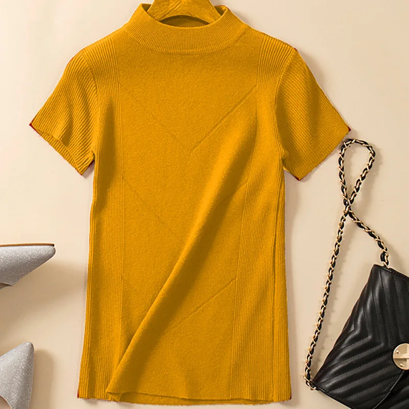 Wixra Warm and Charm Spring Women's Knitted Turtleneck Sweater Pullover Summer Soft Solid Short Sleeve Knitwear Jumper Top | Женская