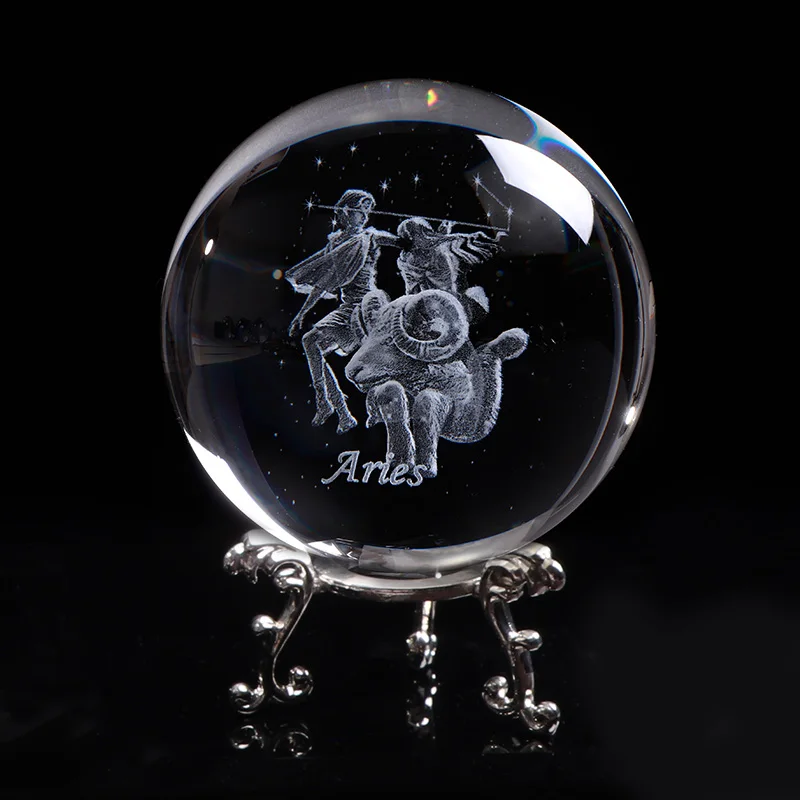 With silver base Кристалл 3D Знак зодиака Овен знаки шар стекло с лазерной гравировкой Сфера украшения дома Onarment светодиодный свет талисманы Глобус - Цвет: With silver base