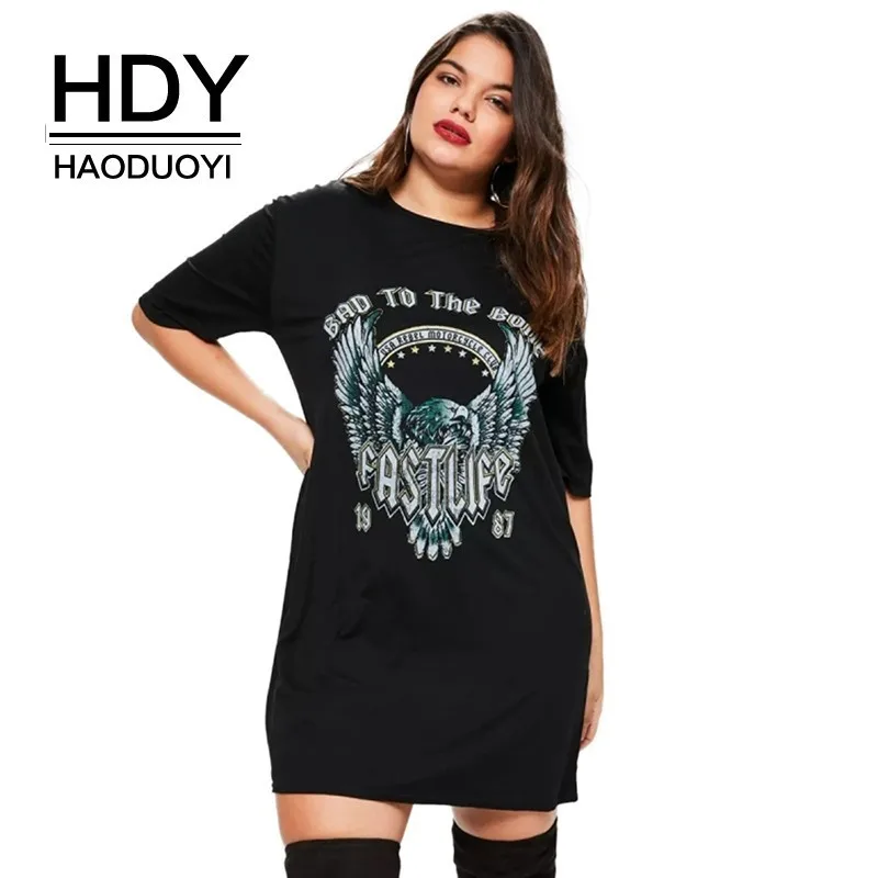 HDY Haoduoyi Women Plus Larfe Size Eagle Letter Print T-shirt Dress Punk Rock Black Casual Loose Cotton Party Shirt Dress