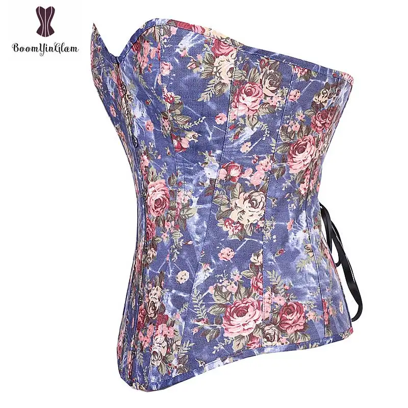 Корсет женский из джинсовой ткани утягивающий топ бюстье с розами и цветочным