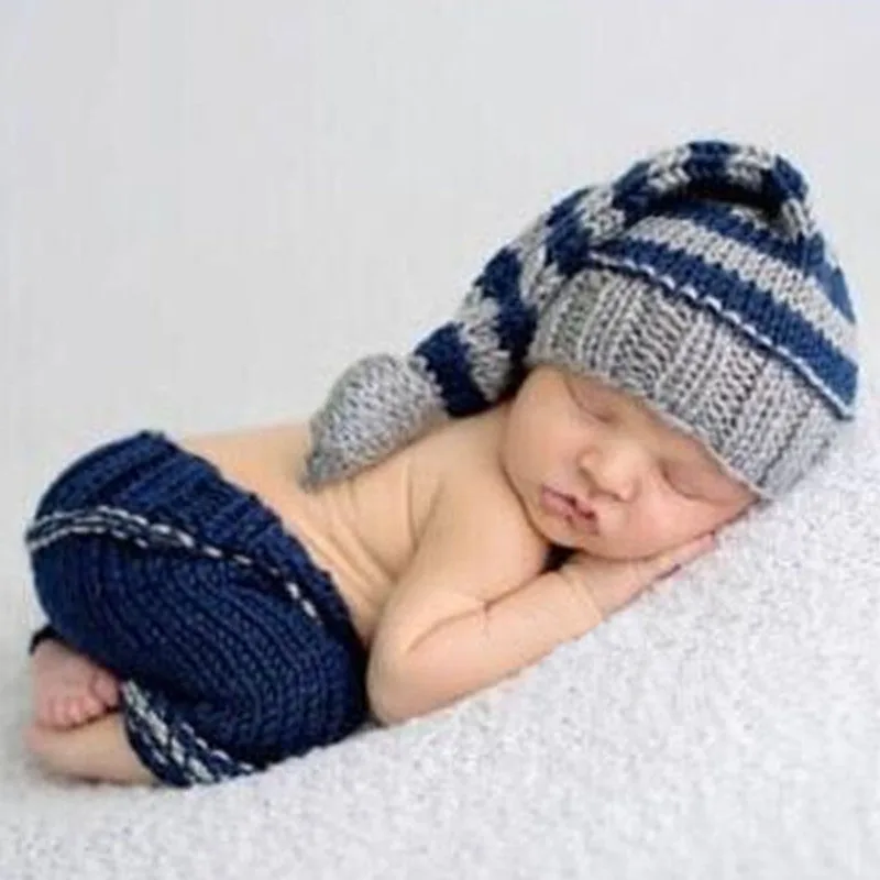 Newborn Baby Photography Props Crochet Costume Stripe Hat Pants Set Infant Outfit for Photo Shooting Boy Prop | Детская одежда и