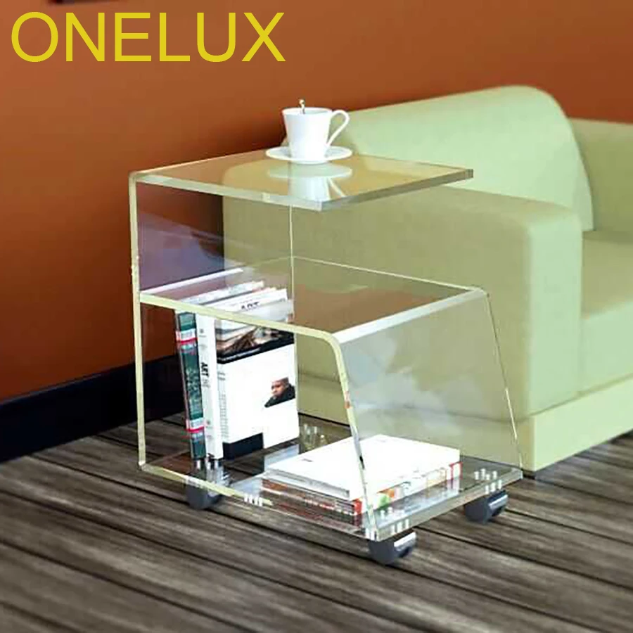 

G Shaped Acrylic Occasional Side Sofa Tea Table On Wheels, Lucite Rolling Magazine/Book Cart For Home Use