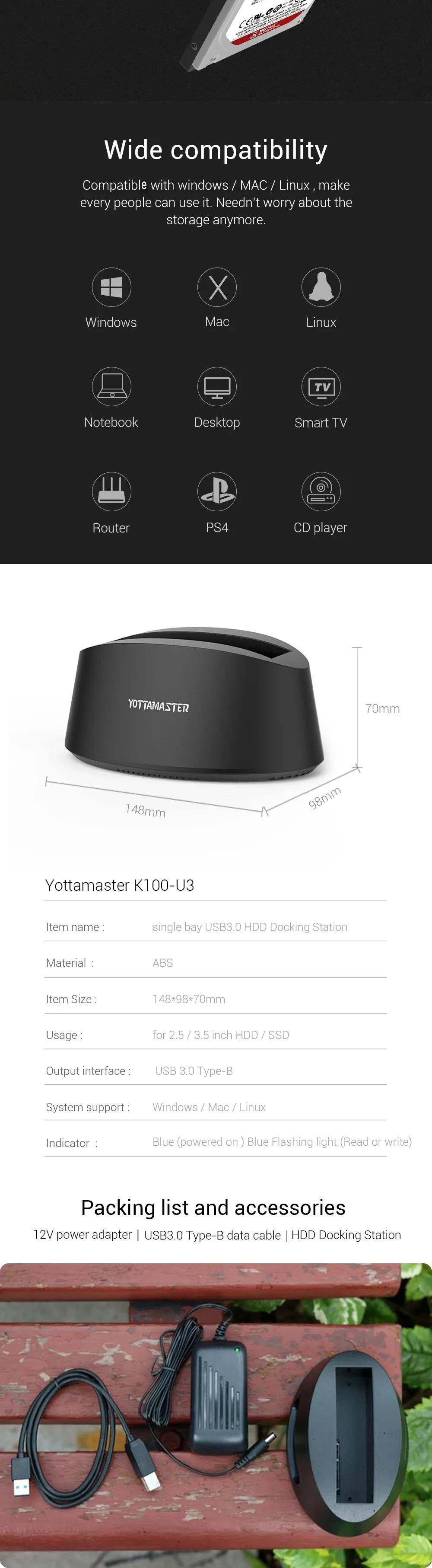 Чехол-адаптер Yottamaster для жесткого диска USB 3,0 на SATA внешний жесткий диск Док-станция для 2,5 3,5 HDD SSD