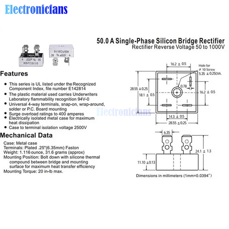 1Pcs 50A 1000V Metal Case Single Phases Diode Bridge Rectifier KBPC5010 AL | Электронные компоненты и
