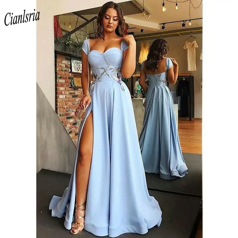 

Light Blue Sweetheart Evening Dress 2020 Cap Sleeve Satin High Split Appliques Dubai Arabic Long Formal Evening Party Dresses