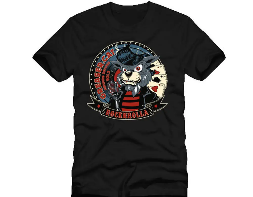 GREASER CAT ROCKNROLLA DTG черная футболка полного цвета крутая Повседневная с гордостью