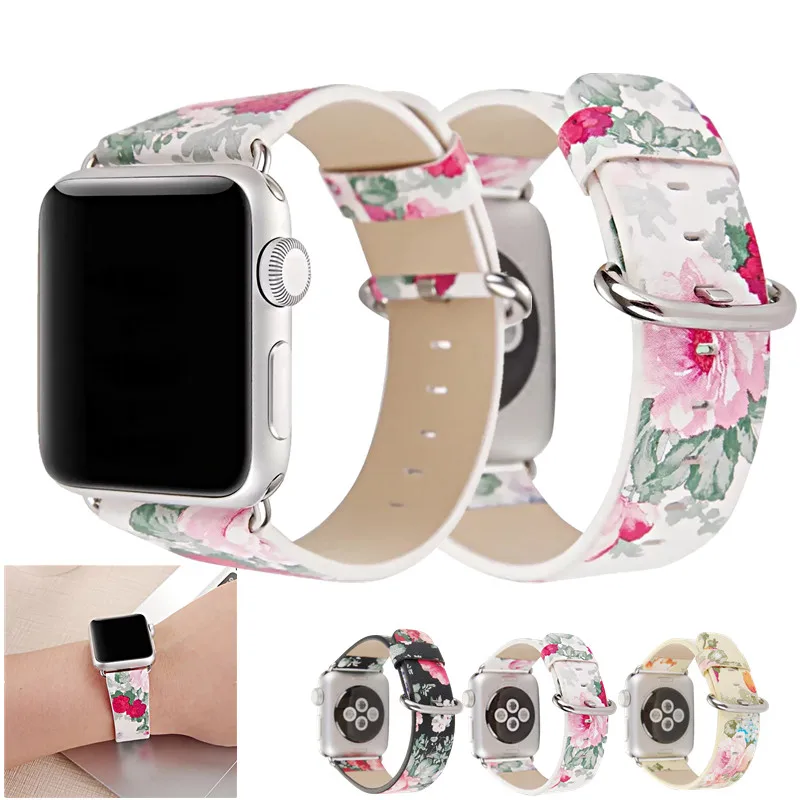 Ремешок для Apple Watch 40 мм 44 мм с модным цветочным принтом из искусственной кожи сменные ремешки 38 мм 42 мм для iWatch Series 4 3 2 1