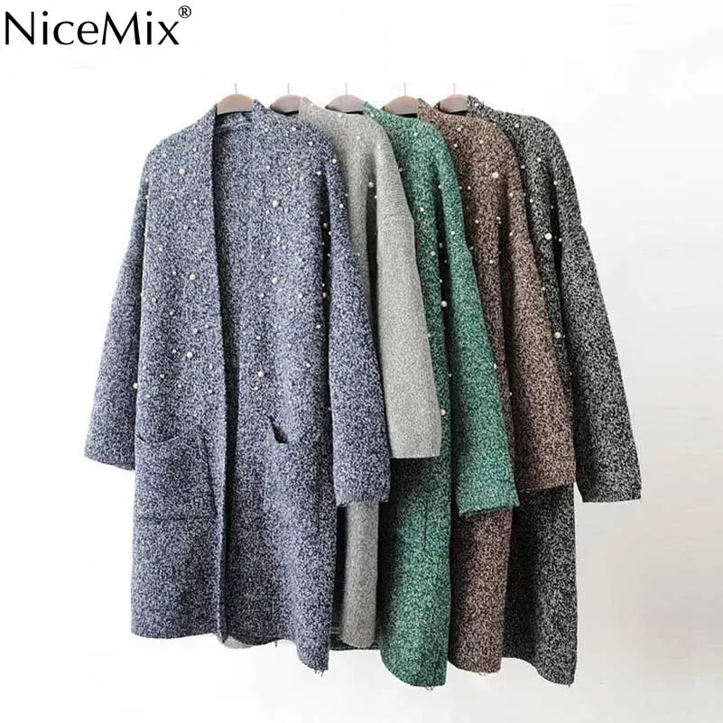 NiceMix Осень Зима длинный вязаный кардиган для женщин жемчуг бисер Женский Свободный Повседневный свитер пальто свитер куртка джемперы