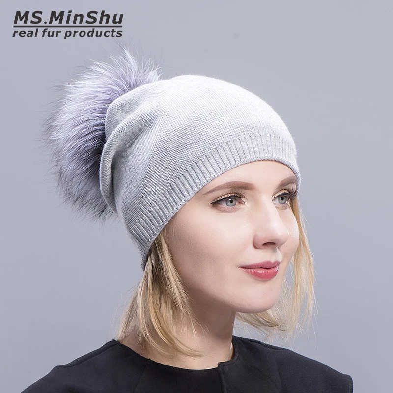 Ms. MinShu, кашемировые шапки для женщин, помпон, шапочки, меховая шапка, женские теплые шапки с натуральным мехом енота, помпон, шапка для взрослых