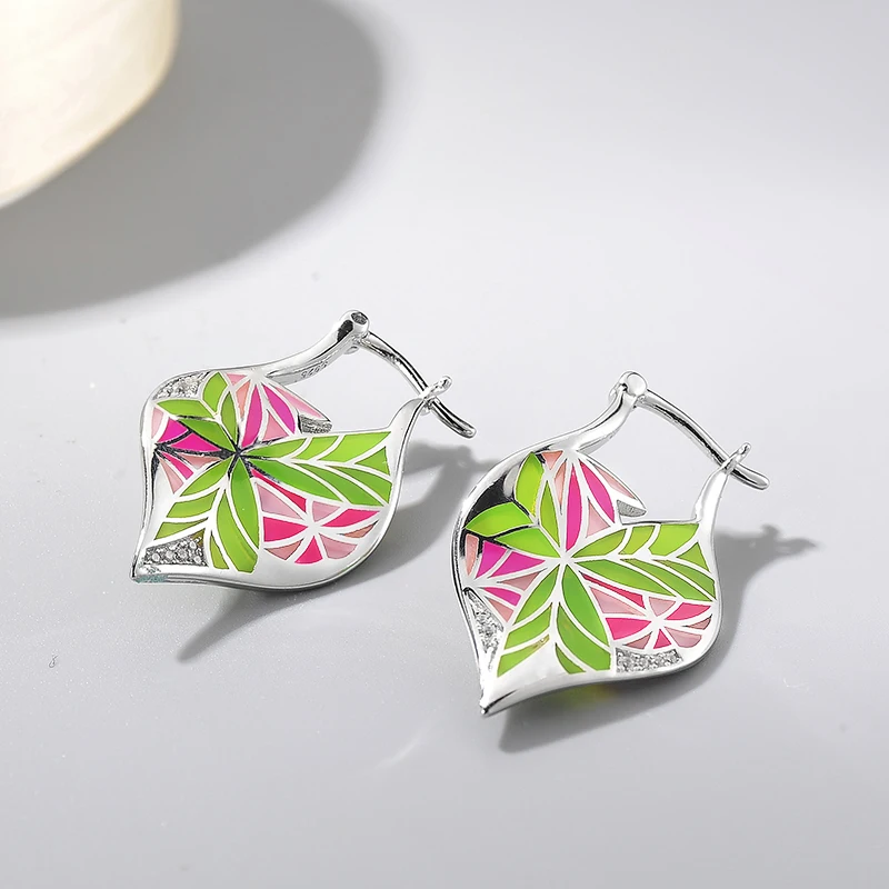 2018 new 925 Sterling Silver fashion DIY gift like Veined leaves pink green Enamel fine Dangle Earrings Party Jewelry | Украшения и