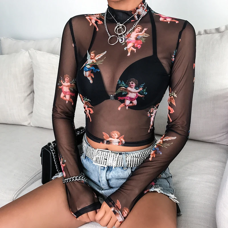 Women See Through Transparent Mesh Tops Long Sleeve Sheer Slim Ladies Sexy T-Shirt 2020 New Arrival T Shirt Camiseta | Женская одежда