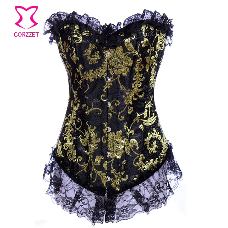 Черный/золото жаккардовые гобелены Готический корсет бюстье Overbust Guepiere