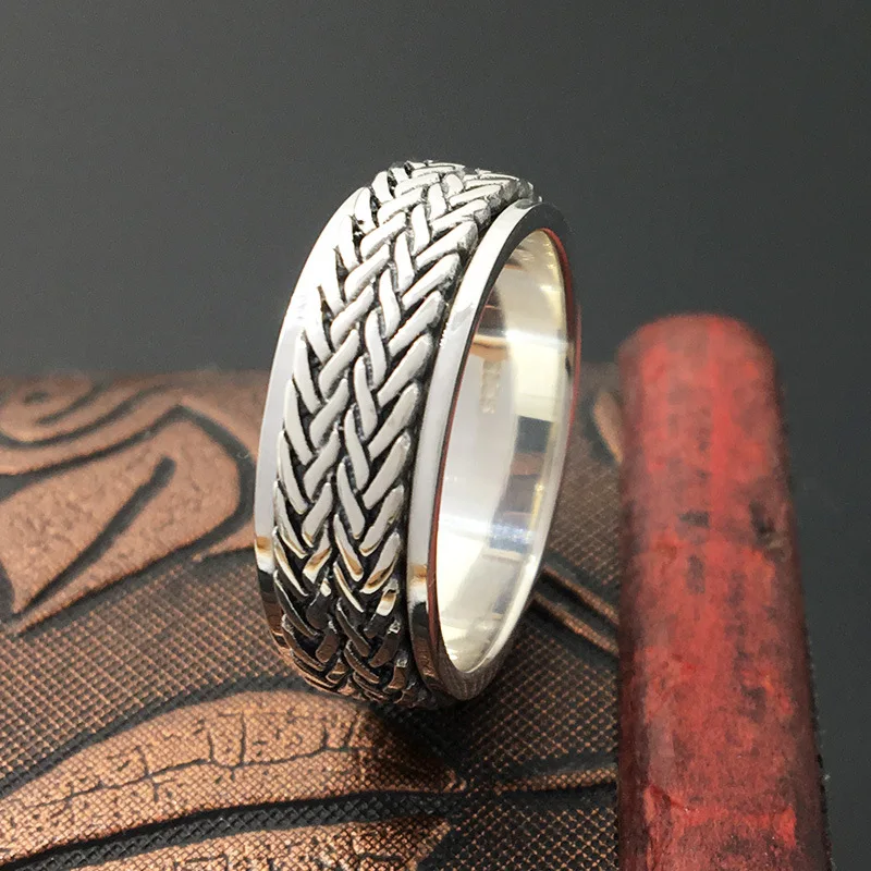 Тканая лента дизайн вертушка кольцо для мужчин 100% Настоящее серебро 925 пробы