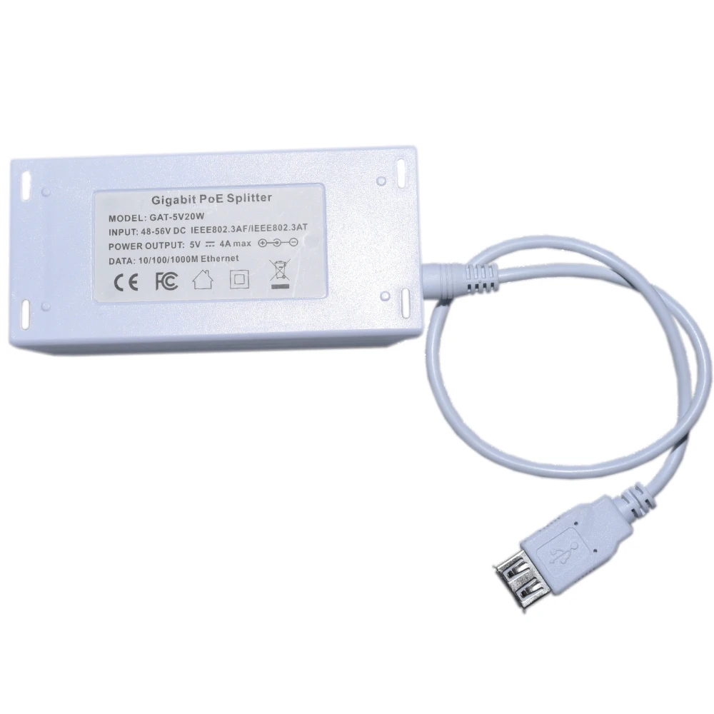 Gigabit 802.3at 5V 20W POE splitter with Shielded RJ45 light showing Remote USB Power Over Ethernet, With Female USB Output