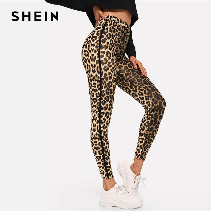 SHEIN Леопардовые Леггинсы С Высокой Талией Женские Многоцветные Осенние Спортивные Леггинсы