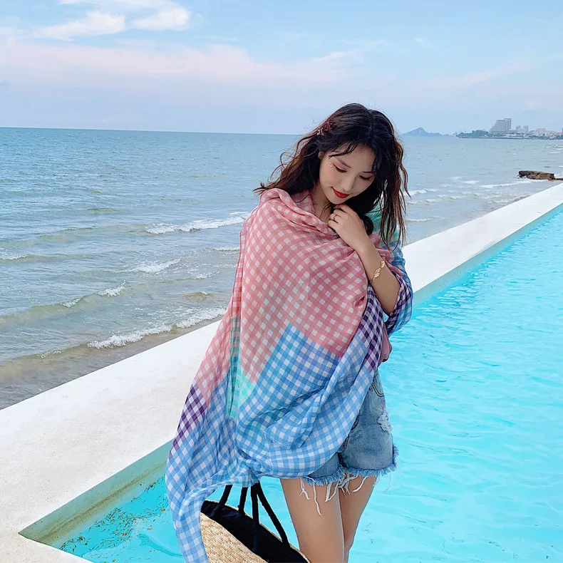 Cotton and Linen Scarf Women Spring Autumn Thin Blue Little Plaid Check Shawl Versatile New Travel Sunscreen Beach Towel |
