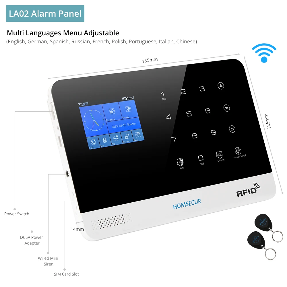 Система охранной сигнализации HOMSECUR DIY GSM WIFI (панель LA02 датчик PIR двери мигающая