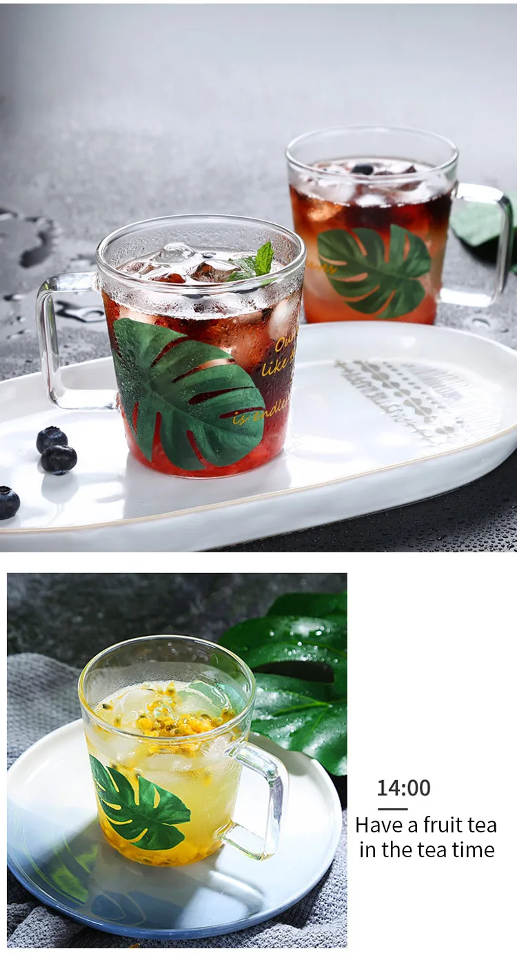 2 шт. стеклянная кофейная чашка пивная стеклянная Питьевая кружка es tea Milk кружка с квадратная ручка Monstera узор посуда для напитков подарки 350 мл