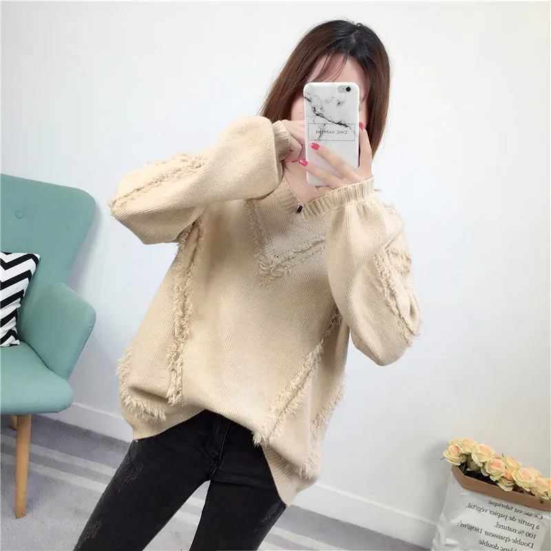 MY016 Sweater women new winter 2018 Sweet korean Loose Patchwork sweater female Solid pullover v-neck long sleeve sexy | Женская одежда