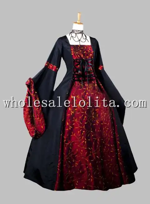 Gothic Black and Dark Red Print Kimono Sleeves Victorian Era Dress Historical Halloween Costume | Женская одежда