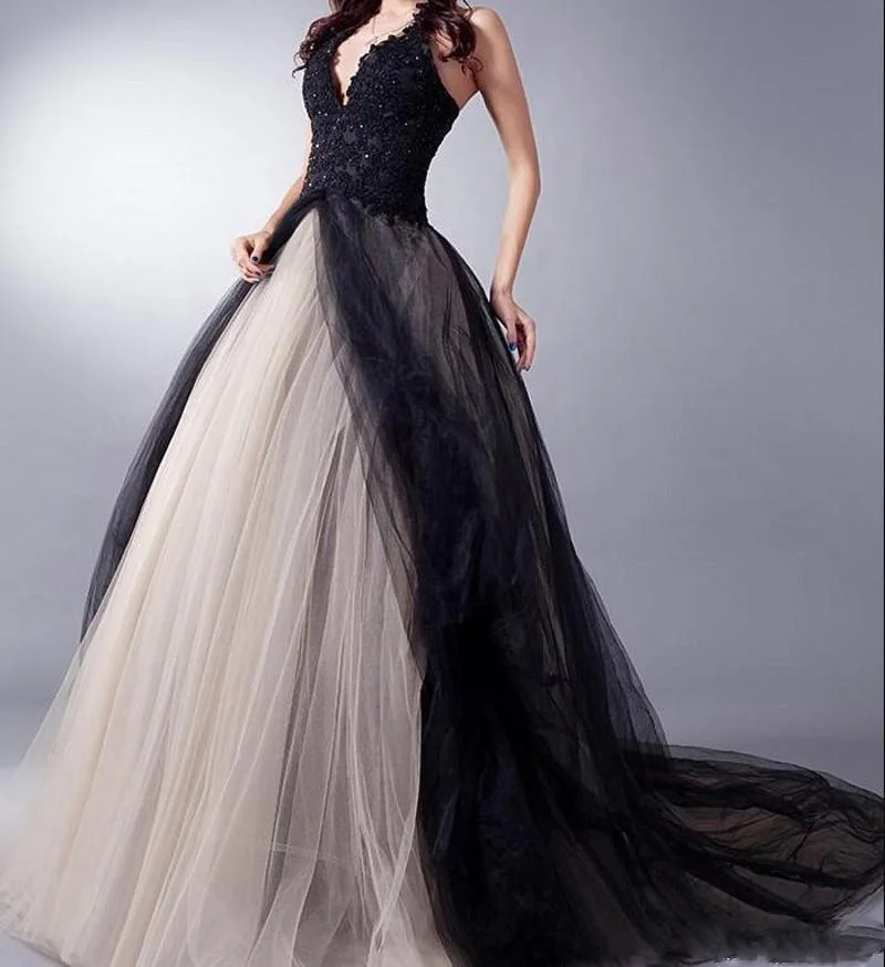 Элегантный черный и бежевый тюль Длинные Выпускные платья Холтер Готический невесты вечернее платье V средства ухода за кожей Шеи в пол