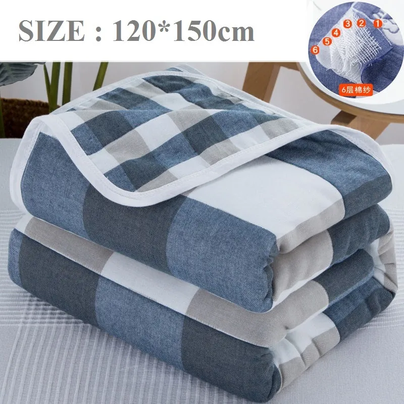 blue plaid 120x150cm Летние Качественный хлопок детское одеяло 6-Слои; плотное детское стеганое одеяло с функцией кондиционирования воздуха пеленание мягкий муслин марлевые одеяла постельные принадлежности - Цвет: blue plaid 120x150cm