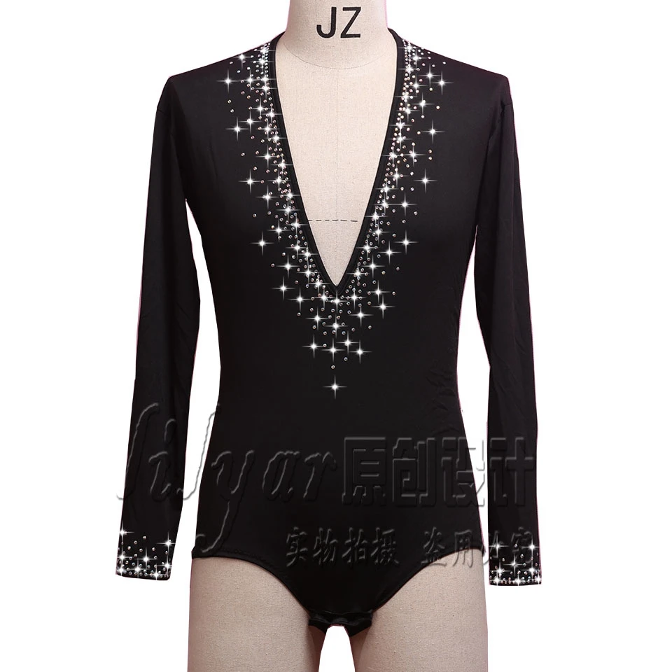 

Sparkly Rhinestones Latin Dance Top Men Deep V Neck Long-sleeve Black Dance Shirt Tops Male Ballroom Latin Performance Clothing