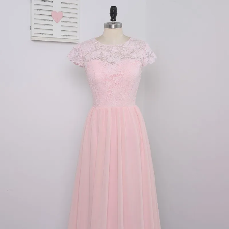 

Pink Cheap Bridesmaid Dresses Under 50 A-line Cap Sleeves Floor Length Chiffon Lace Wedding Party Dresses
