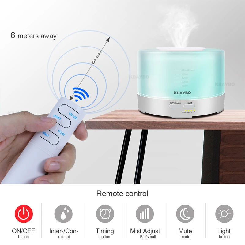 KBAYBO 500ml Ultrasonic Air Humidifier Essential Oil Diffuser with remote control humidify Aromatherapy mist maker for home | Бытовая