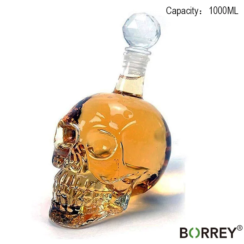 BORREY 1000 мл стеклянный кувшин для виски, водка, фляга из боросиликатного стекла, бутылка для вина с пробкой, стеклянный кувшин для напитков с черепом - Цвет: XL(1000Ml)