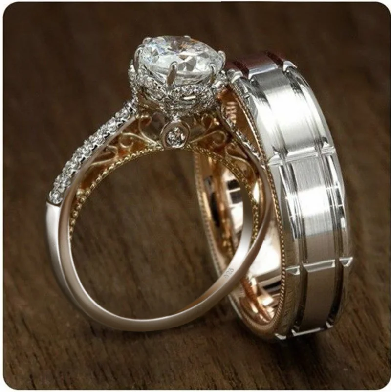 

Vintage Fashion Jewelry Couple Rings 925 Sterling Silver Round Cut White Clear AAA Cubic Zirconia Eternity Wedding Band Ring Set