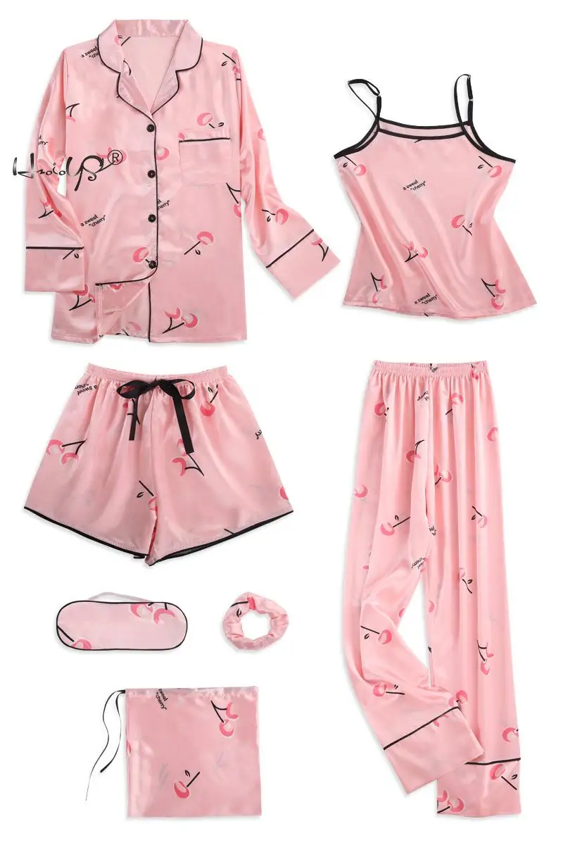 Stripe Printing Women's 7 Pieces Pajamas Sets Emulation Silk Satin Pajamas Women Sleepwear Sets Spring Summer Autumn Homewear