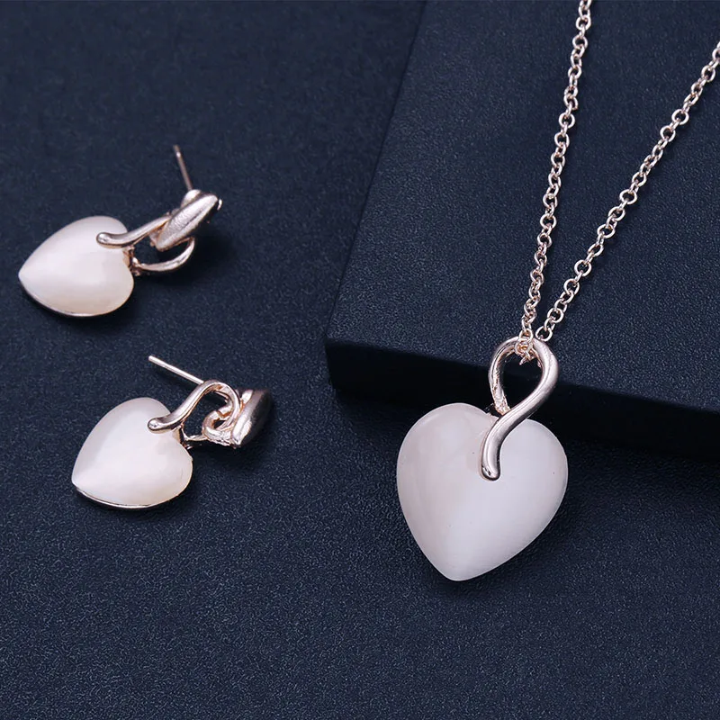 Elegant Rose Color Jewelry Set For Women Trendy Heart Love Pendant Necklace Dangle Drop Earrings Sets Wedding Party Gift | Украшения и