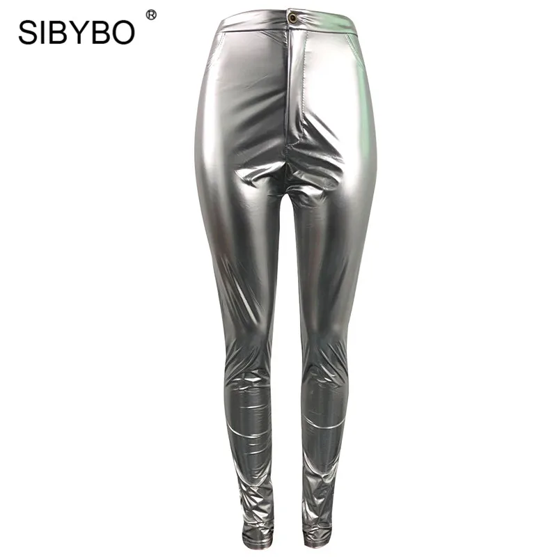 Серебристый Sibybo, сексуальные женские брюки с высокой талией из искусственной кожи, модные обтягивающие зимние женские штаны на пуговицах, однотонные повседневные женские брюки - Цвет: Серебристый