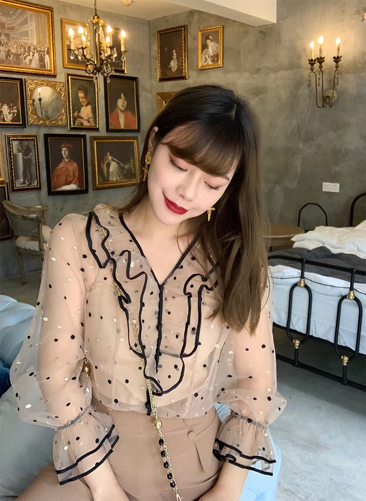 LYNETTE'S CHINOISERIE весна-лето Женский сказочный стиль в горошек прозрачные оборки рубашки с v-образным вырезом/блузки