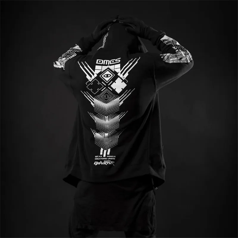 Male Spring Winter Japan Style Hip Hop Casual Sweatshirts Streetwear Japanese Embroidery Funny Cat Wave Printed Fleece Hoodies