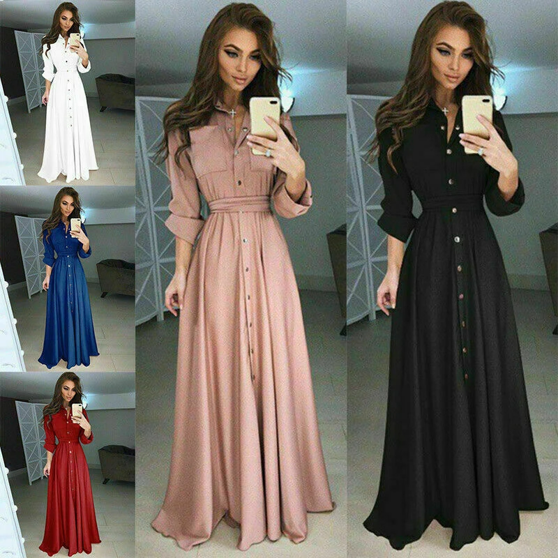 2019 New Fashion Women Long Sleeve Boho Button Dowm Maxi Dress Evening Party Summer Casual Loose Shirt | Женская одежда