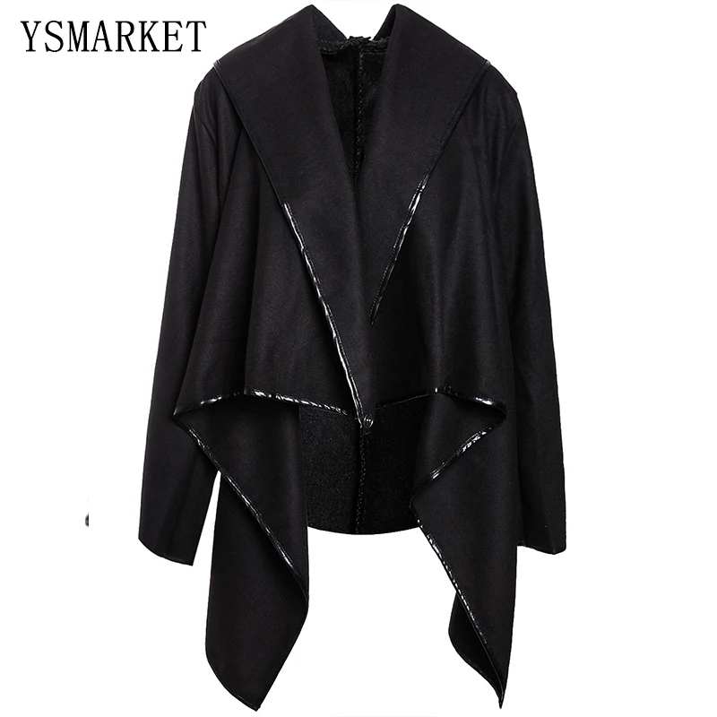 Женское шерстяное пальто необычное длинное приталенное с воротником шарфом и