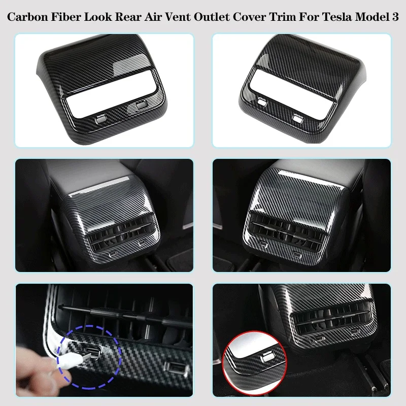 

For Tesla Model 3 Y 17-22 Carbon Fiber Look Rear Air Vent Outlet Cover Trim